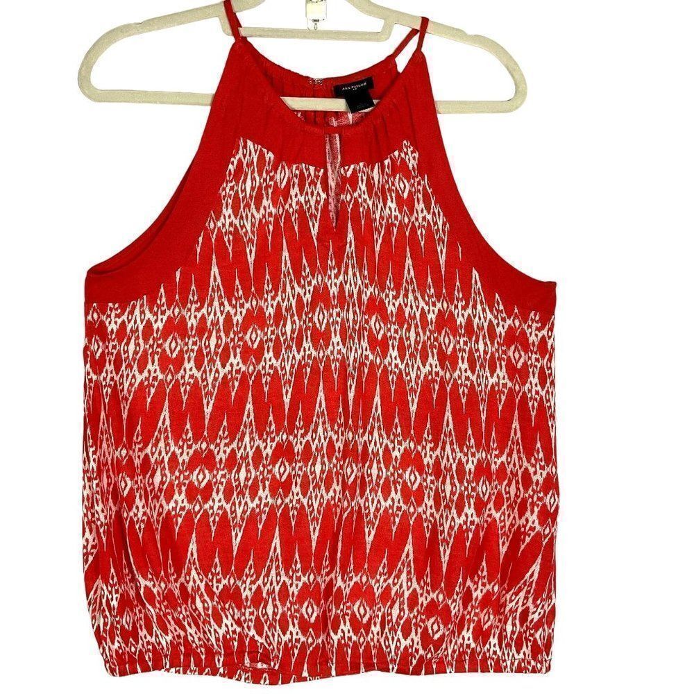 Ann Taylor Factory Top, orange/white print, keyhole neck, hook/bar closure back